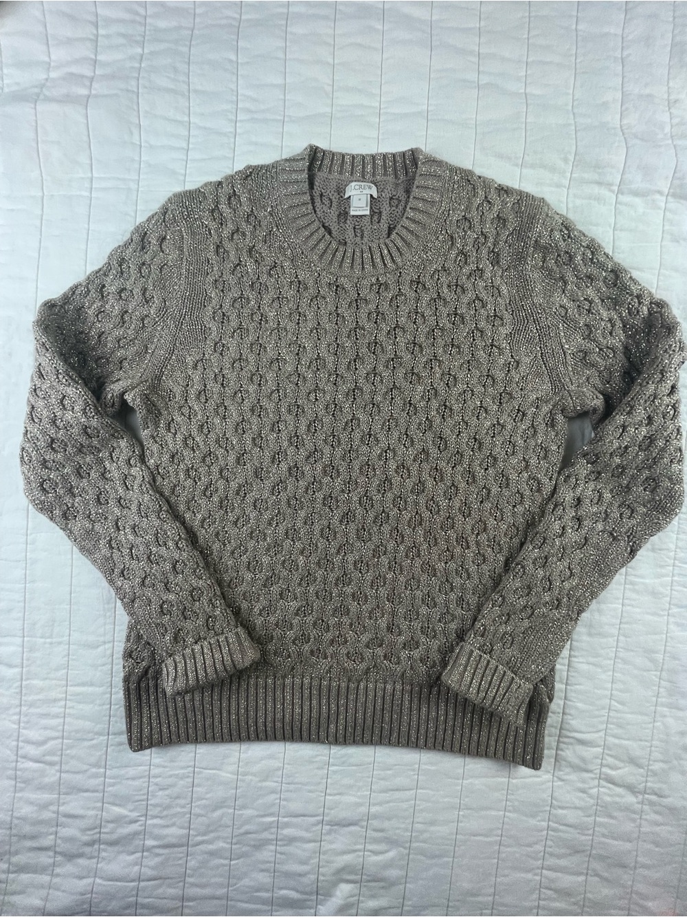 J. Crew Womens Taupe and Gold Thread Accented Cable-Knit Crewneck Sweater Medium
